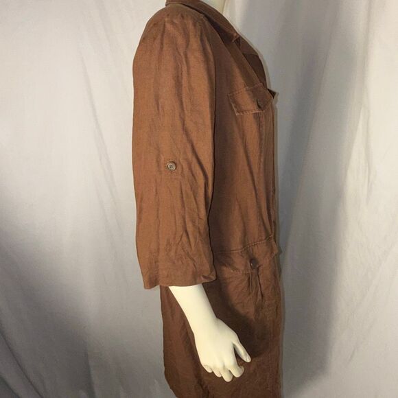 Vintage Maggy Linen Button-Front Utility Shirt Dress/Duster – Chestnut Brown, Si - Picture 5 of 13